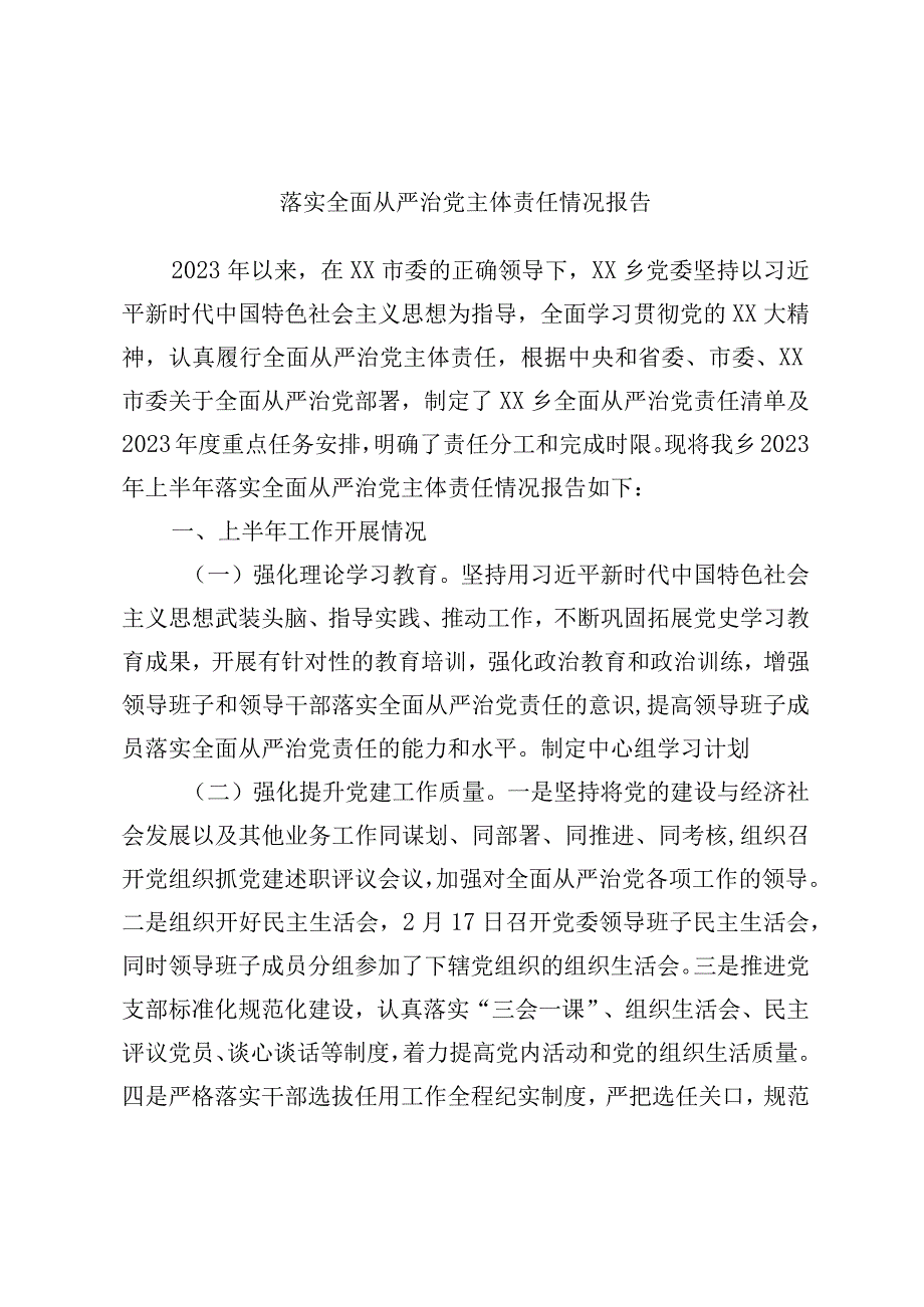 落实全面从严治党主体责任情况报告.docx_第1页