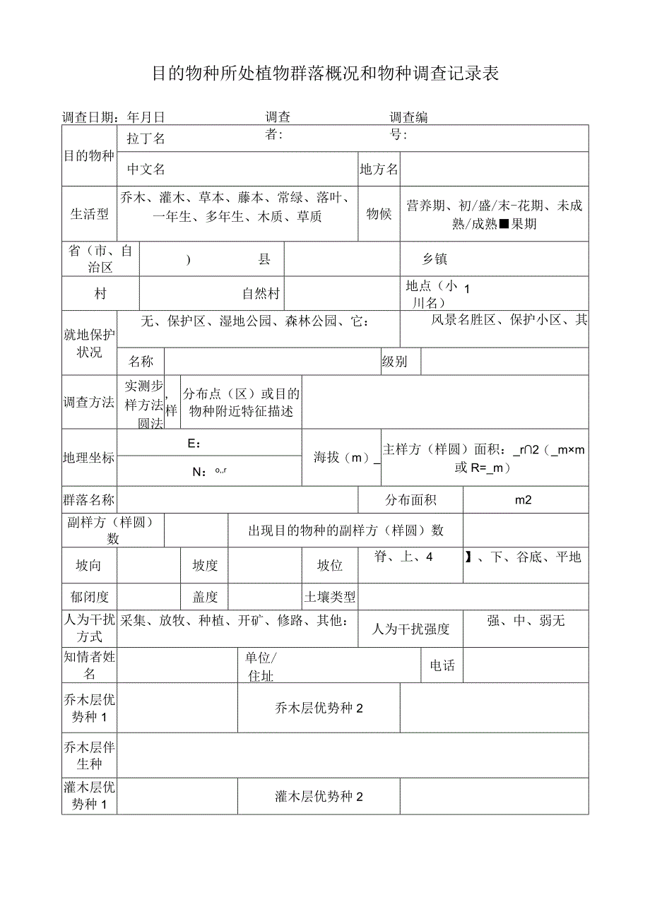 目的物种所处植物群落概况和物种调查记录表.docx_第1页