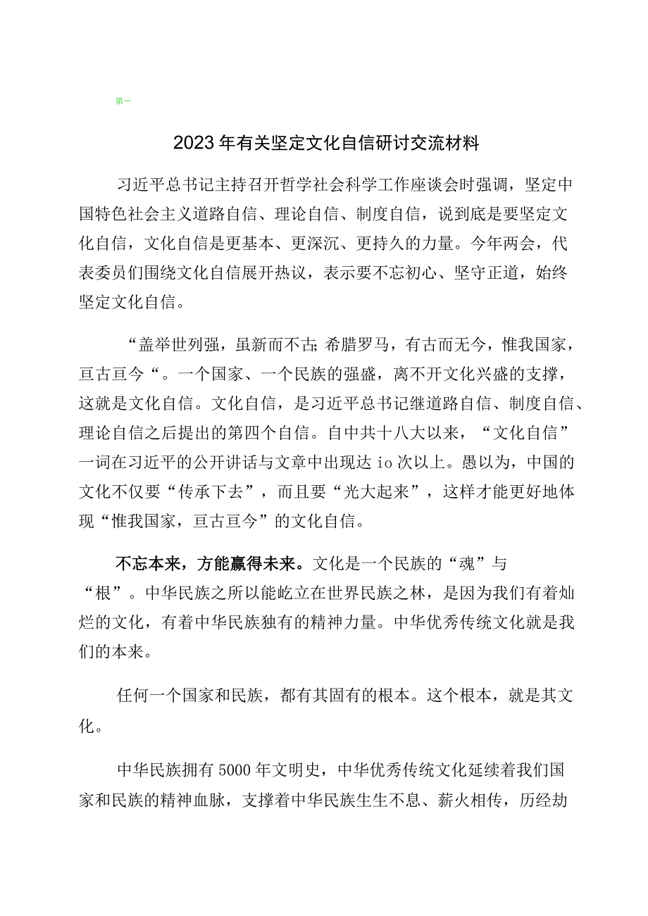 2023年关于坚定文化自信建设文化强国研讨材料十篇.docx_第1页