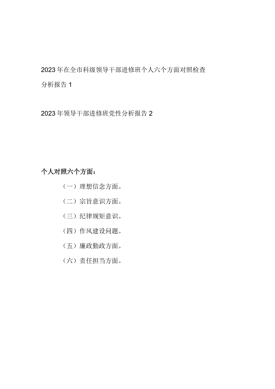 2023乡科级领导干部进修班理想信念、宗旨意识、纪律规矩意识、作风建设问题、廉政勤政、责任担当六个方面个人对照检查分析报告2篇.docx_第1页