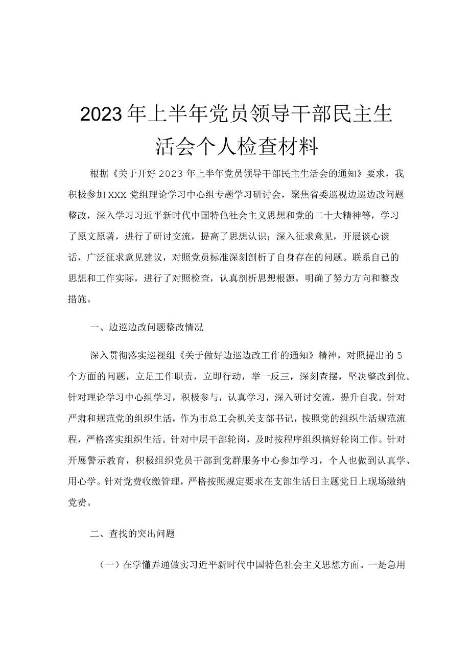 2023年上半年党员领导干部民主生活会个人检查材料.docx_第1页