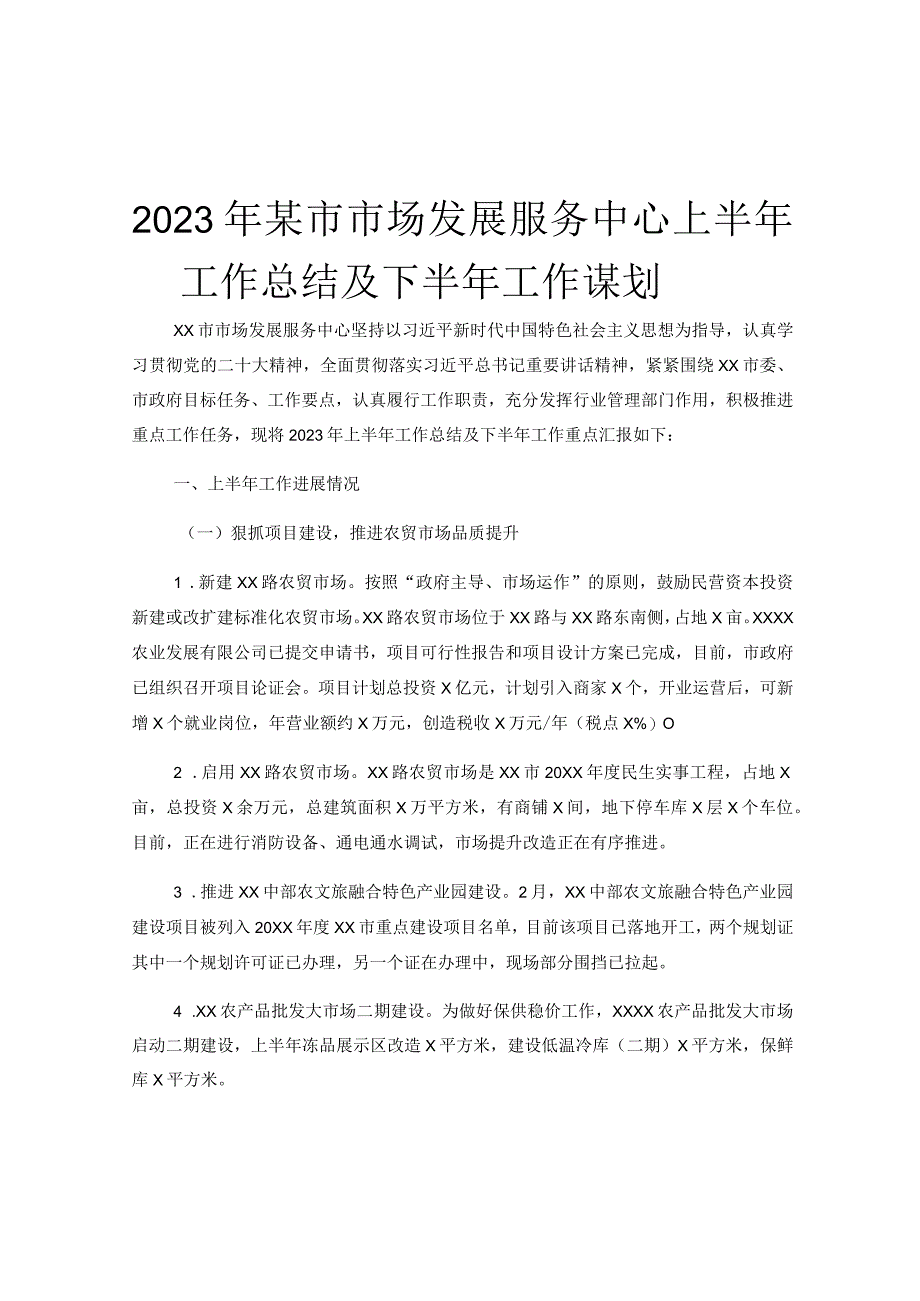 2023年某市市场发展服务中心上半年工作总结及下半年工作谋划.docx_第1页