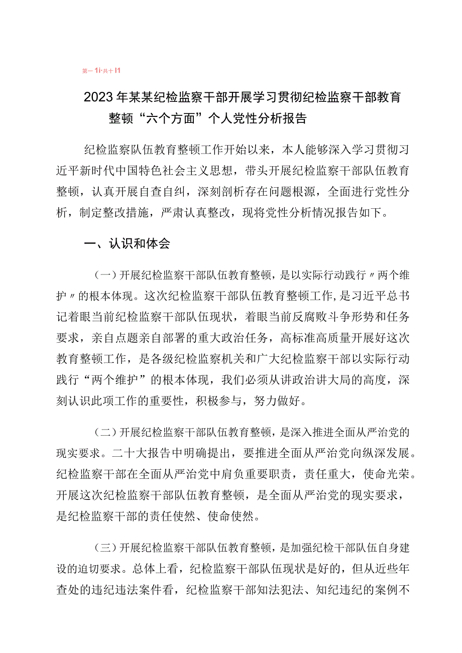 2023年度纪检监察干部队伍教育整顿党性分析报告（含六个方面）十篇.docx_第1页