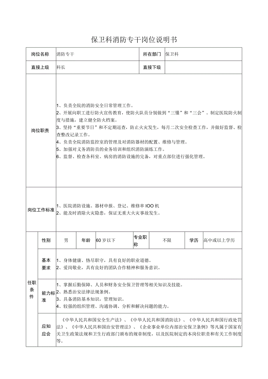 保卫科消防专干岗位说明书.docx_第1页