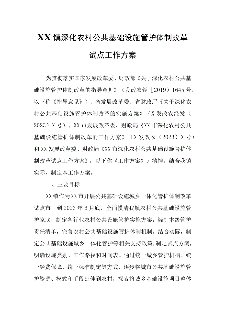 XX镇深化农村公共基础设施管护体制改革试点工作方案.docx_第1页