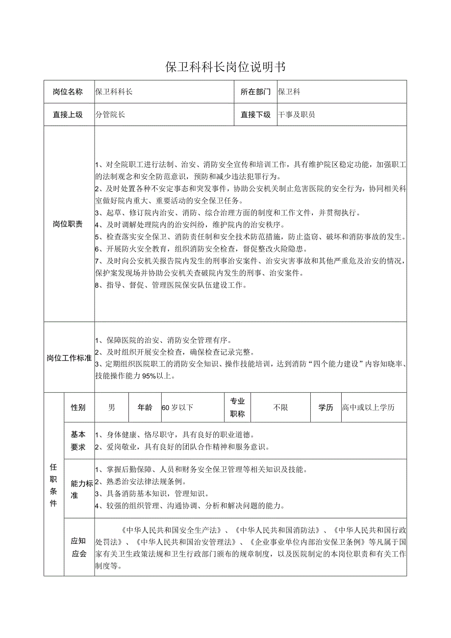 保卫科科长岗位说明书.docx_第1页