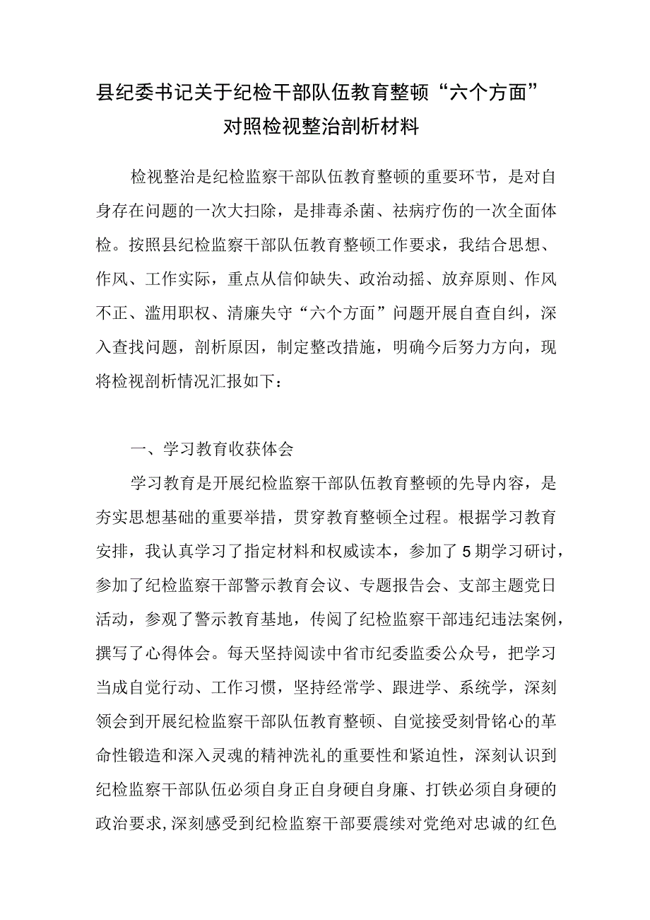 2023纪委书记关于纪检干部队伍教育整顿“六个方面”对照检视整治剖析材料.docx_第2页