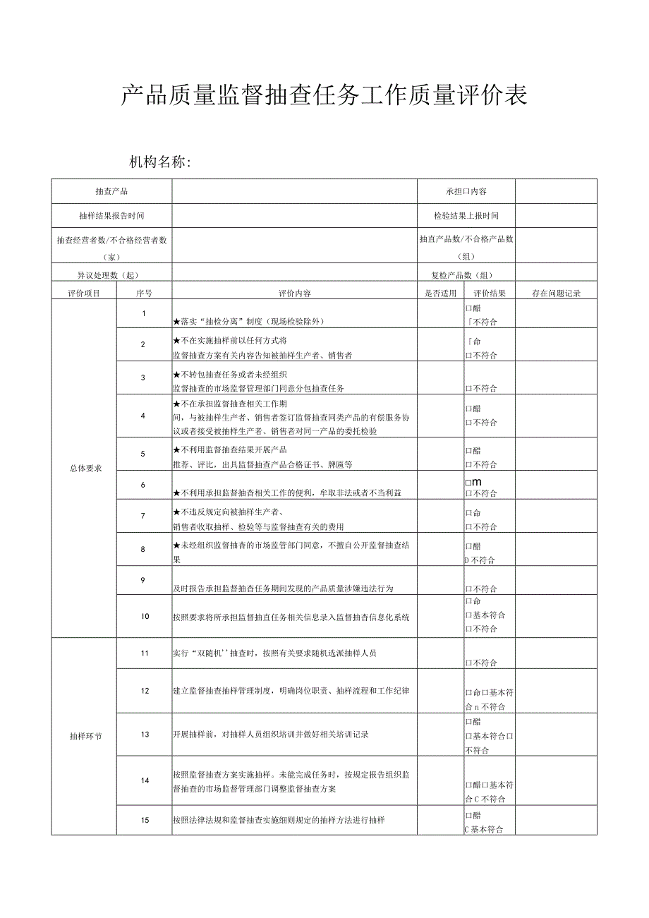 产品质量监督抽查任务工作质量评价表.docx_第1页