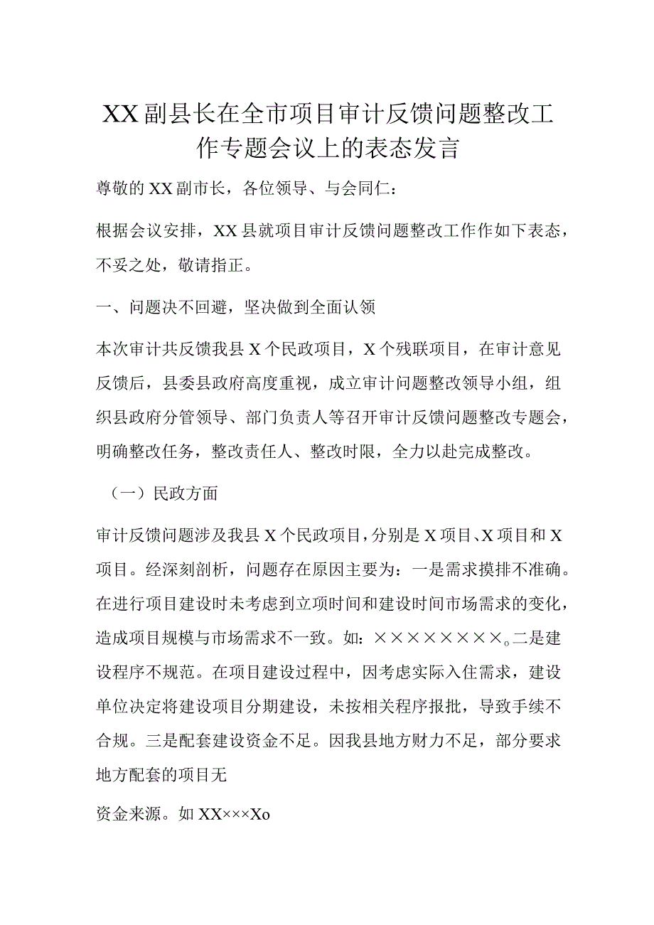 XX副县长在全市项目审计反馈问题整改工作专题会议上的表态发言.docx_第1页