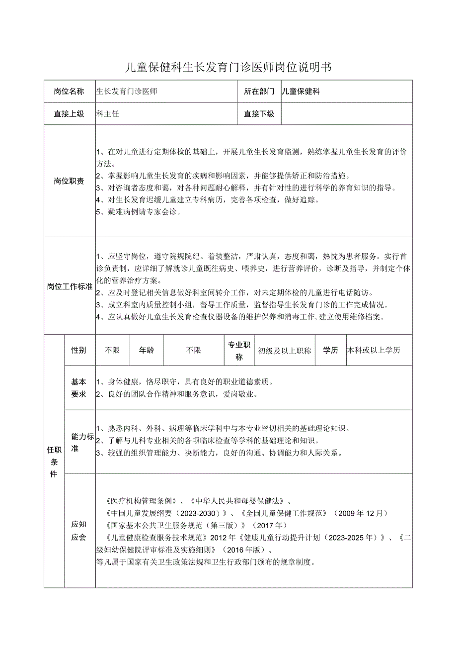 儿童保健科生长发育门诊医师岗位说明书.docx_第1页