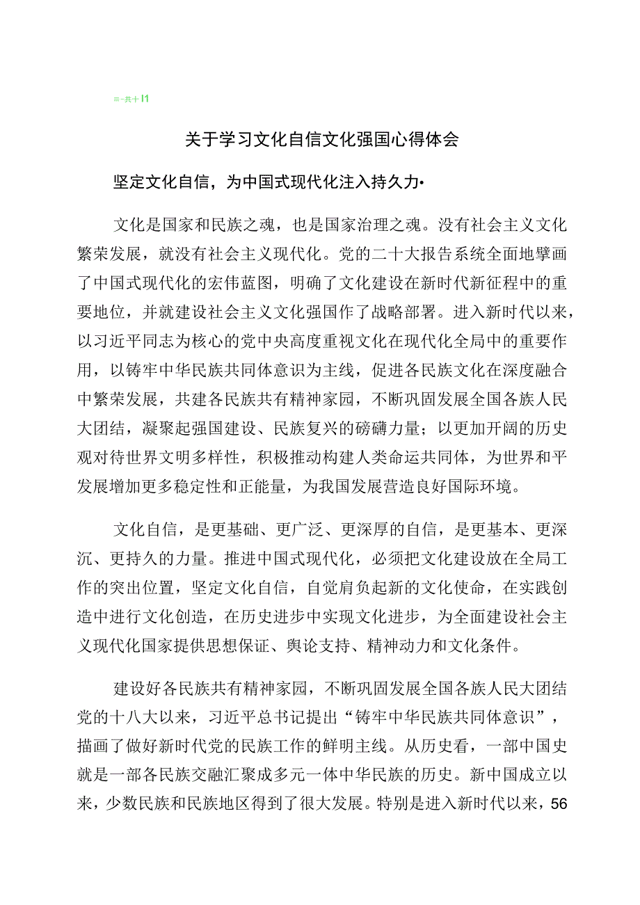 “增强文化自信建设文化强国”专题交流发言材料10篇.docx_第1页