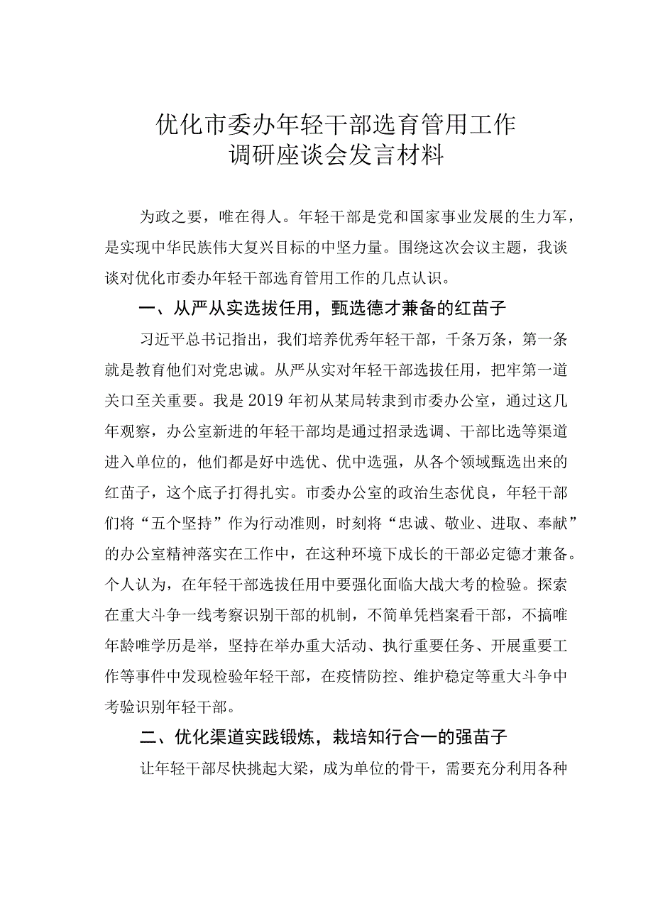 优化市委办年轻干部选育管用工作调研座谈会发言材料.docx_第1页