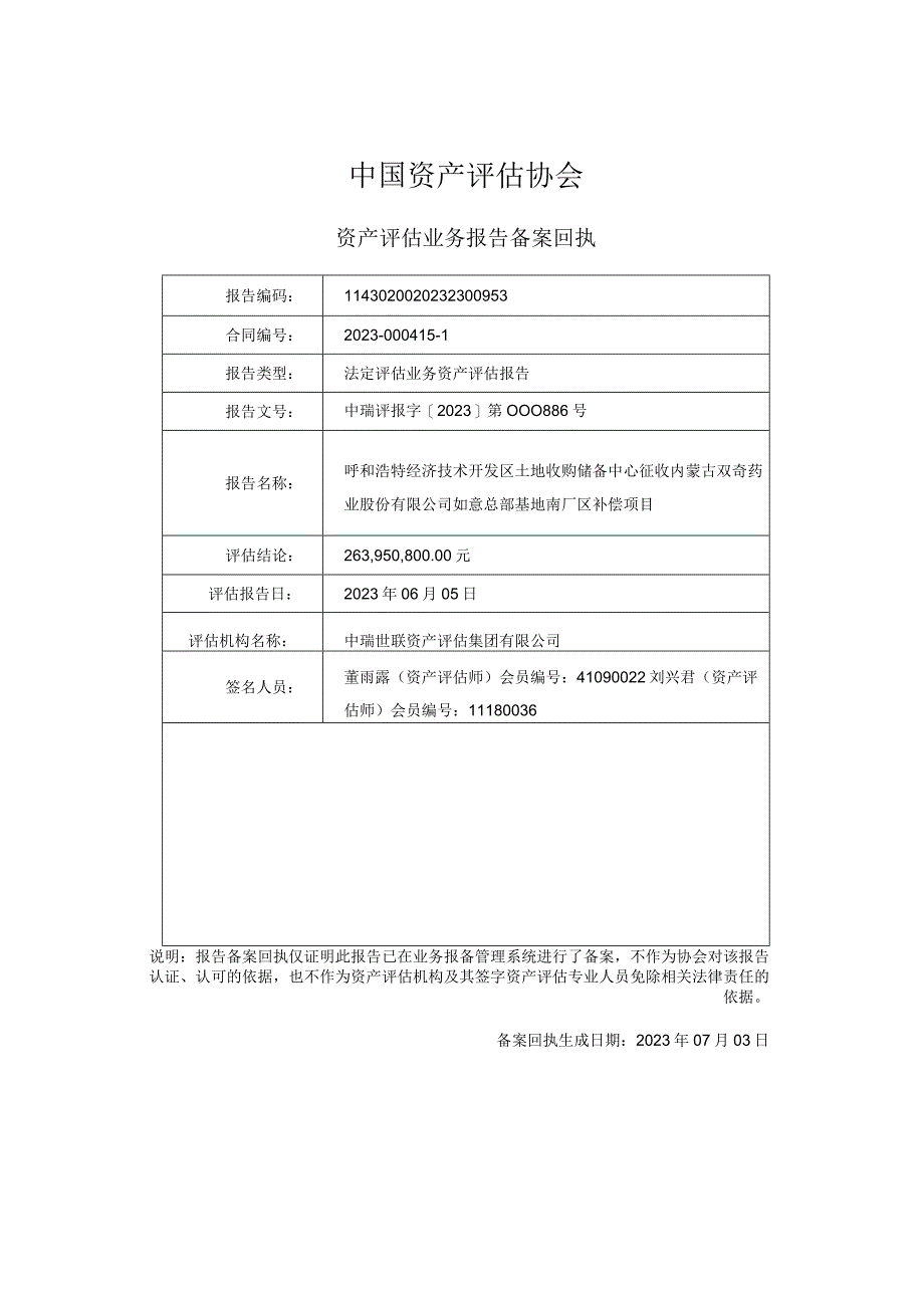 万泽股份：呼和浩特经济技术开发区土地收购储备中心征收内蒙古双奇药业股份有限公司如意总部基地南厂区补偿项目资产评估报告.docx_第2页