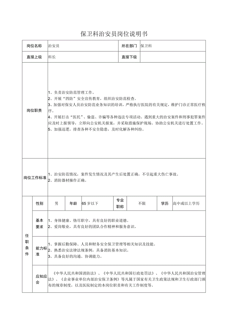 保卫科治安员岗位说明书.docx_第1页