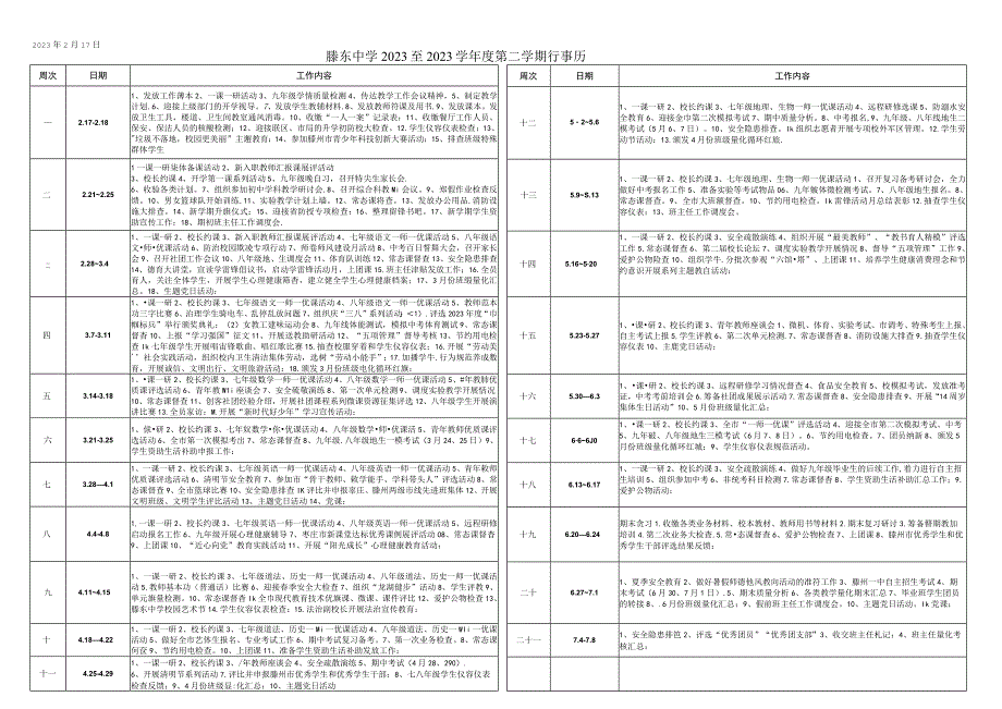 滕东中学2021至2022学年度第二学期行事历2022年2月17日.docx_第1页