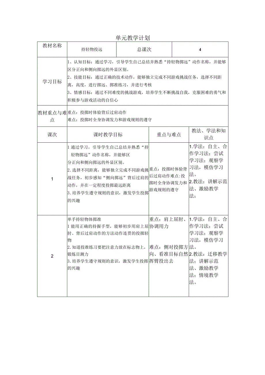 水平一（二年级）体育《持轻物掷远》教学设计及教案（附单元教学计划）.docx_第3页