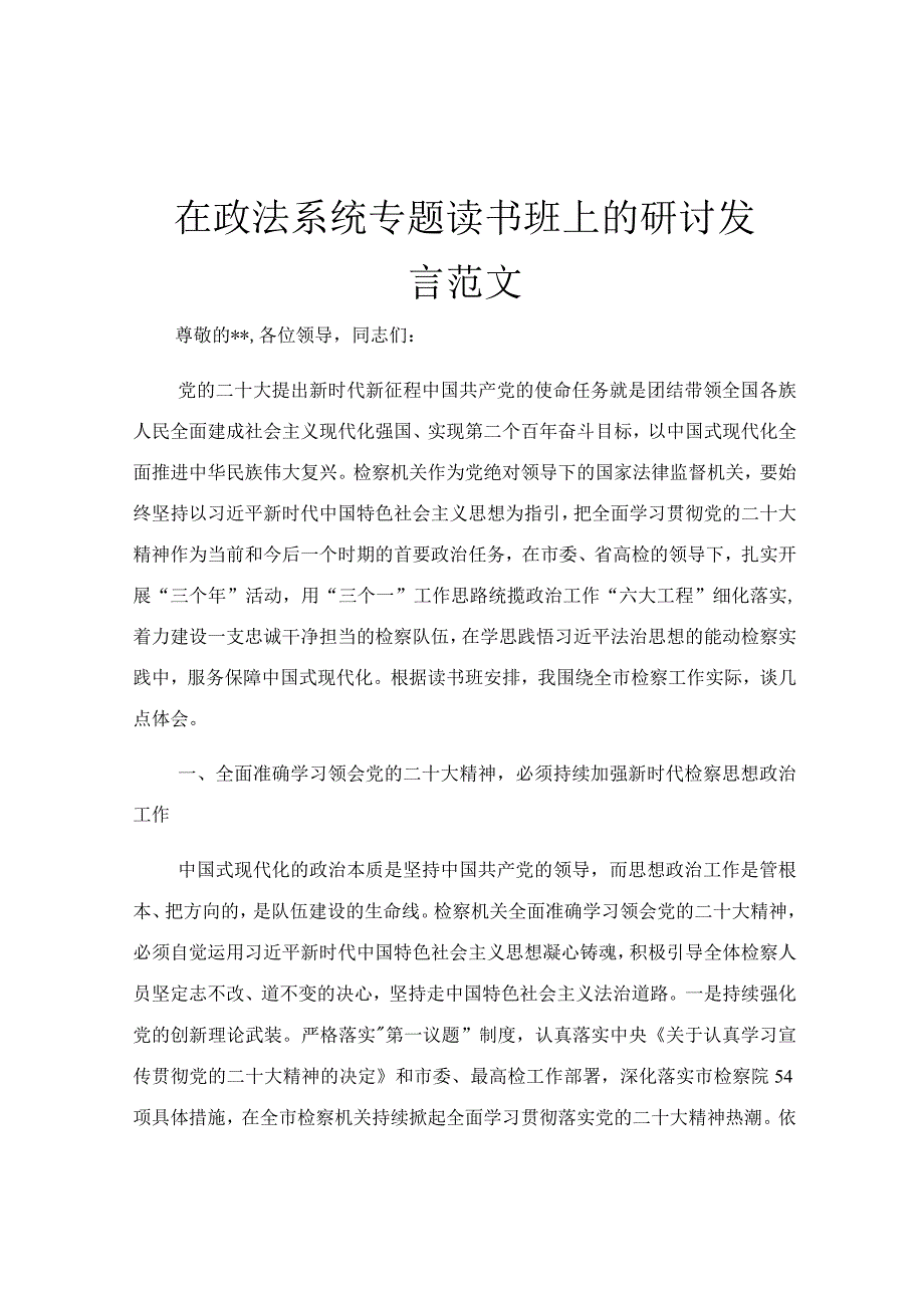 在政法系统专题读书班上的研讨发言范文.docx_第1页