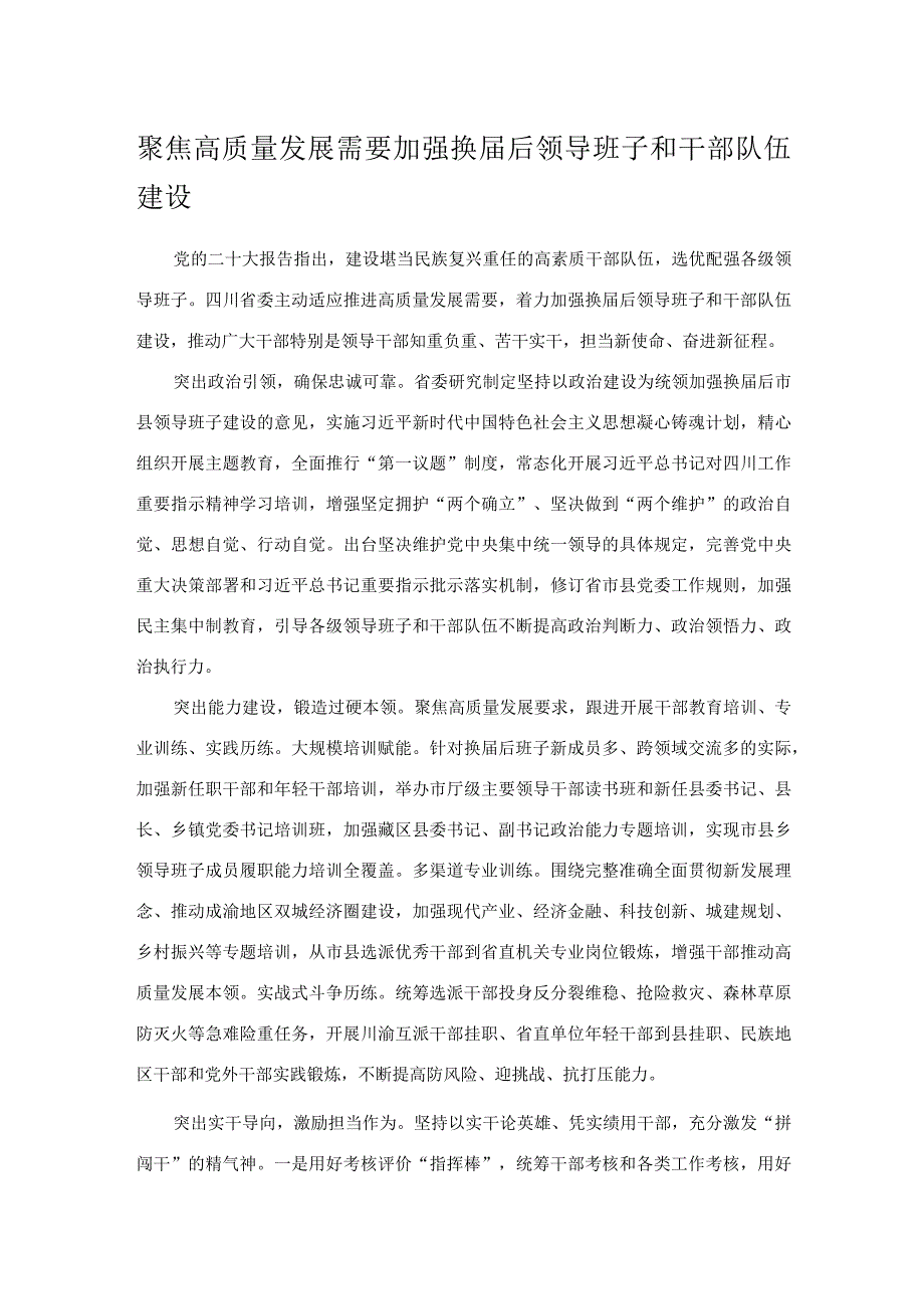 聚焦高质量发展需要 加强换届后领导班子和干部队伍建设.docx_第1页