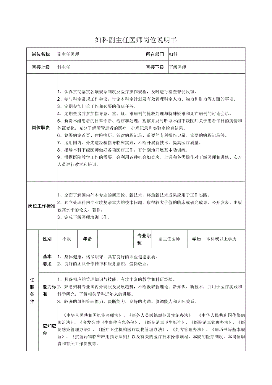 妇科副主任医师岗位说明书.docx_第1页