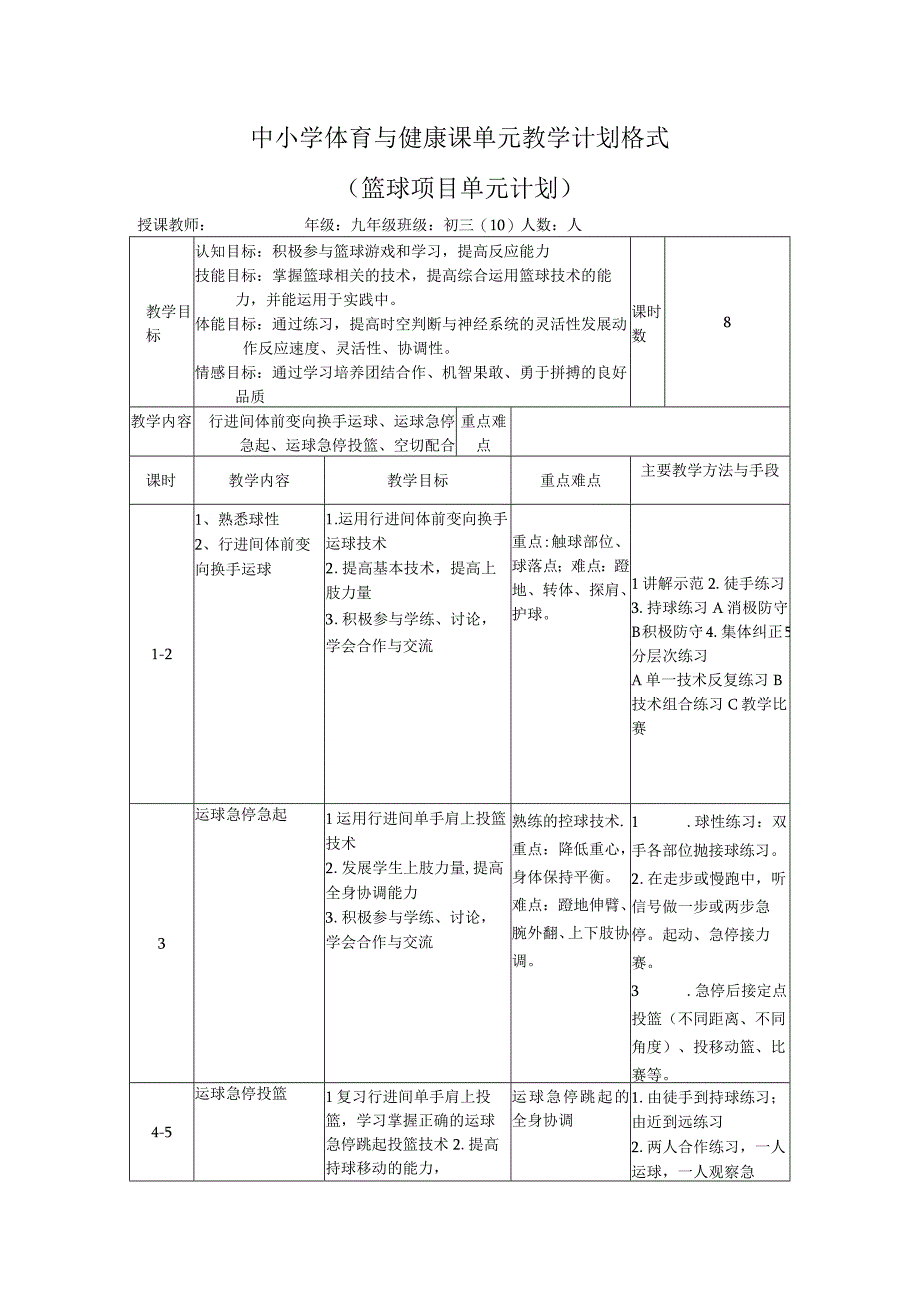 水平四（九年级）体育《篮球》单元教学计划.docx_第1页