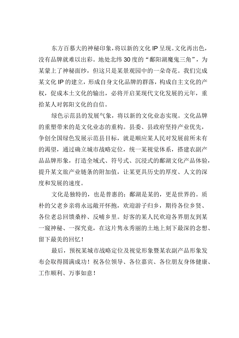 在城市战略定位及视觉形象暨农副产品形象发布会上的欢迎辞.docx_第2页