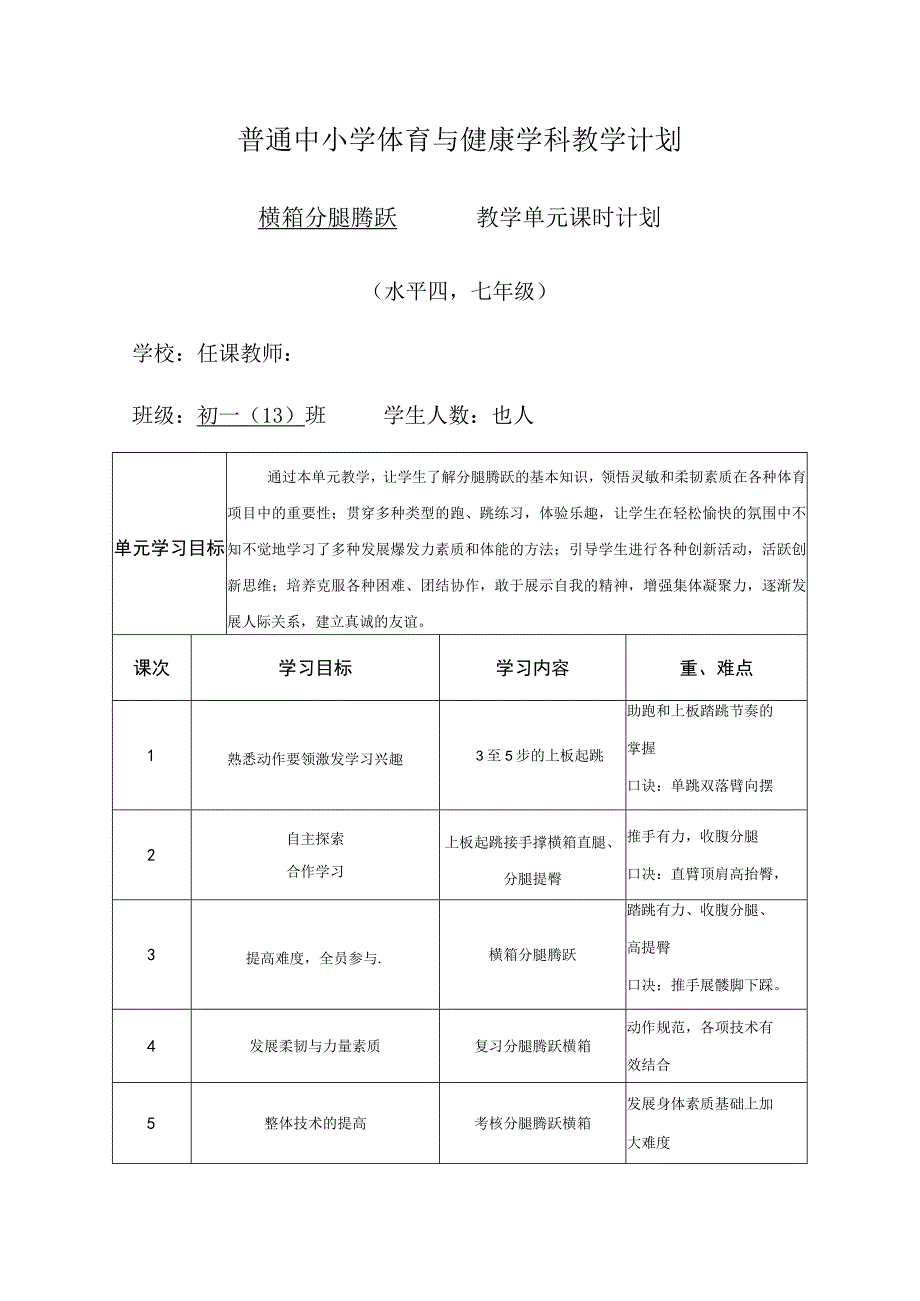 水平四（七年级）体育《橫箱分腿腾跃》教学设计及教案（附单元教学计划）.docx_第1页