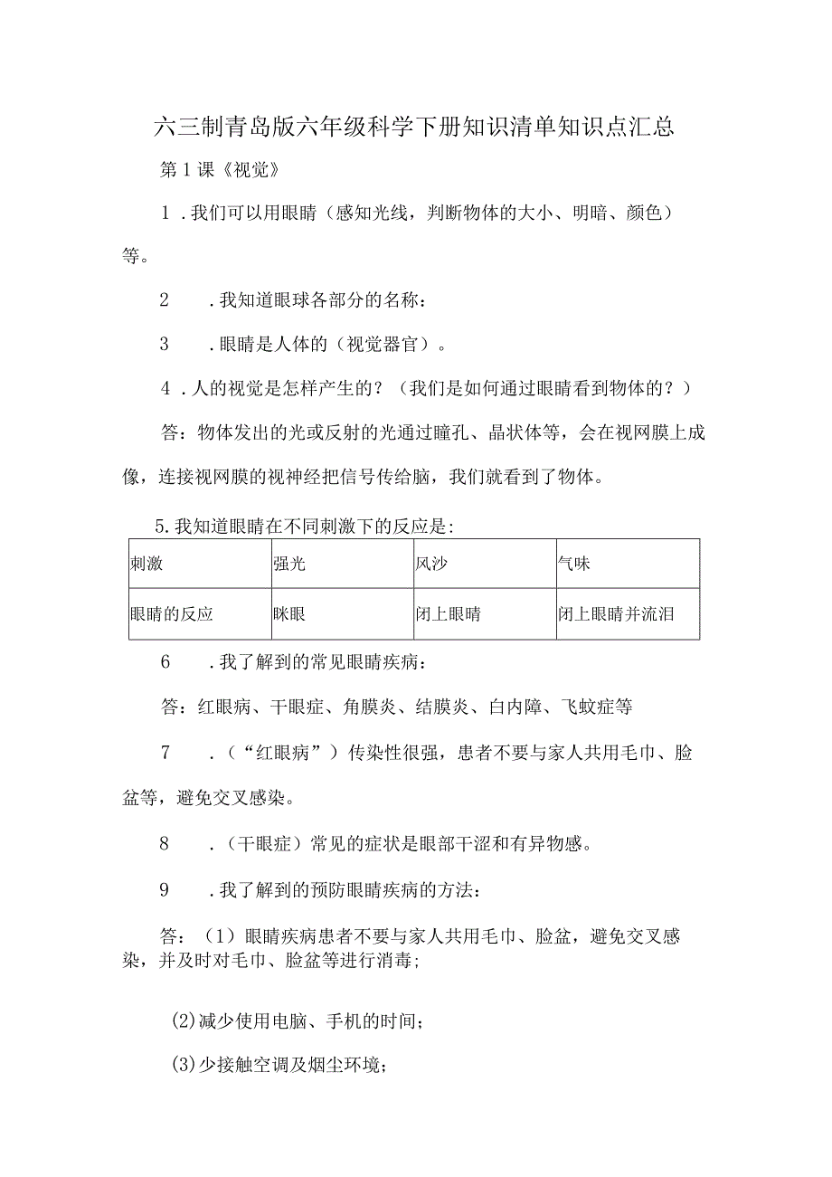 六三制青岛版六年级科学下册知识清单知识点汇总.docx_第1页