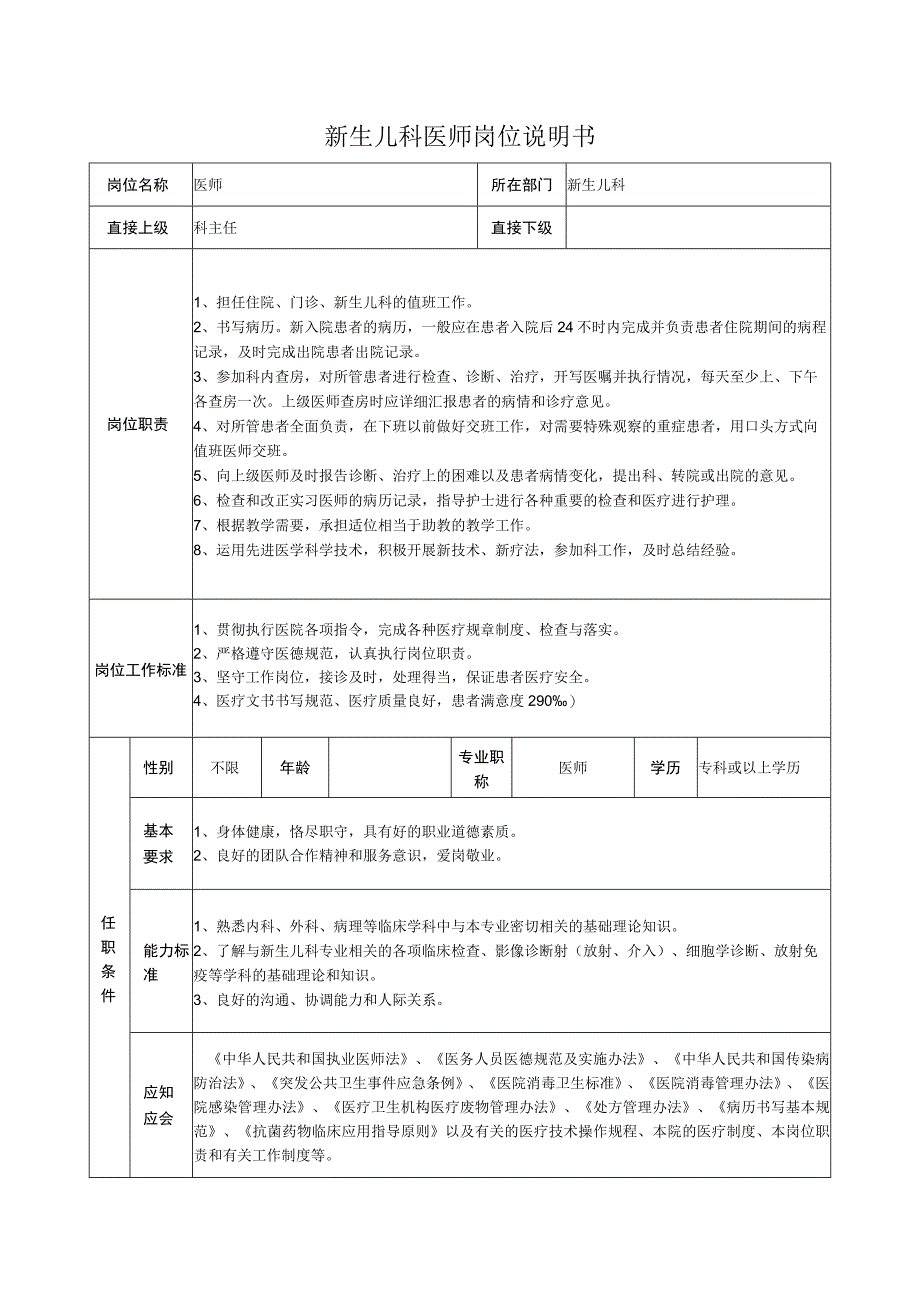 新生儿科医师岗位说明书.docx_第1页