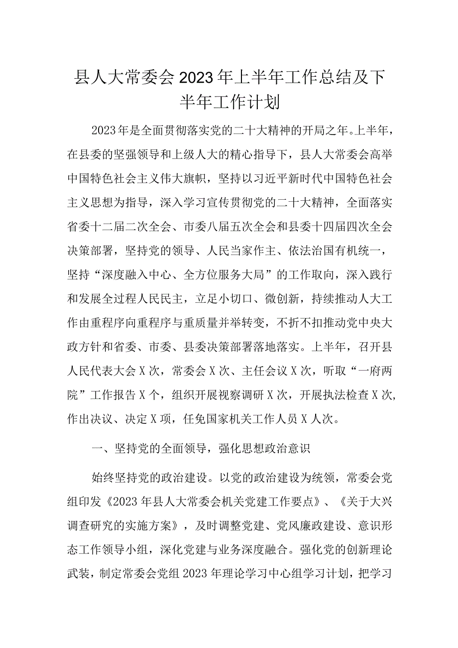 县人大常委会2023年上半年工作总结及下半年工作计划.docx_第1页