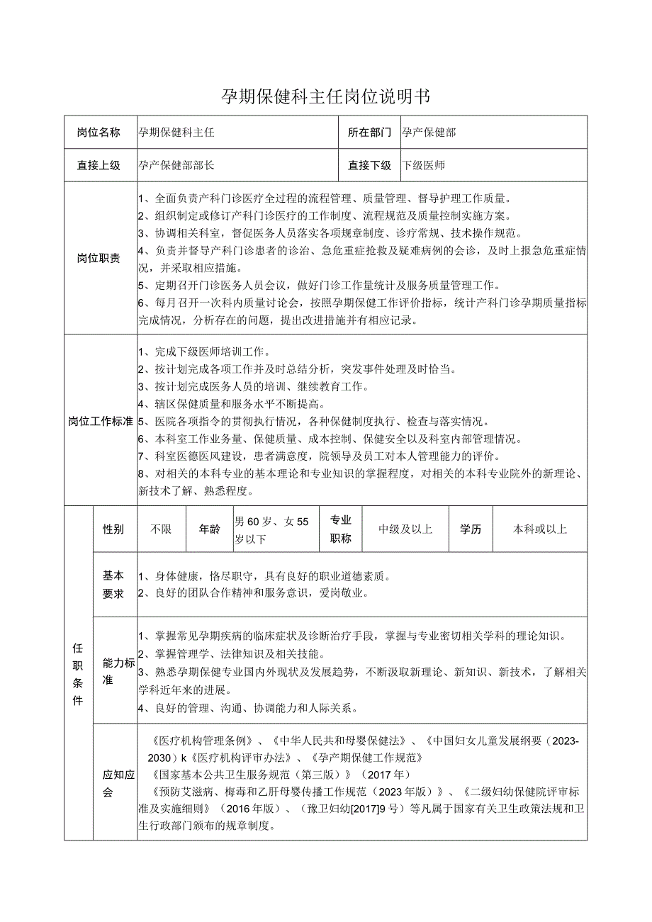 孕期保健科主任岗位说明书.docx_第1页