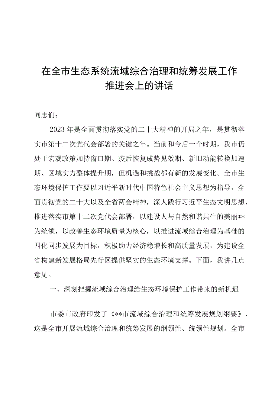 在全市生态系统流域综合治理和统筹发展工作推进会上的讲话.docx_第1页