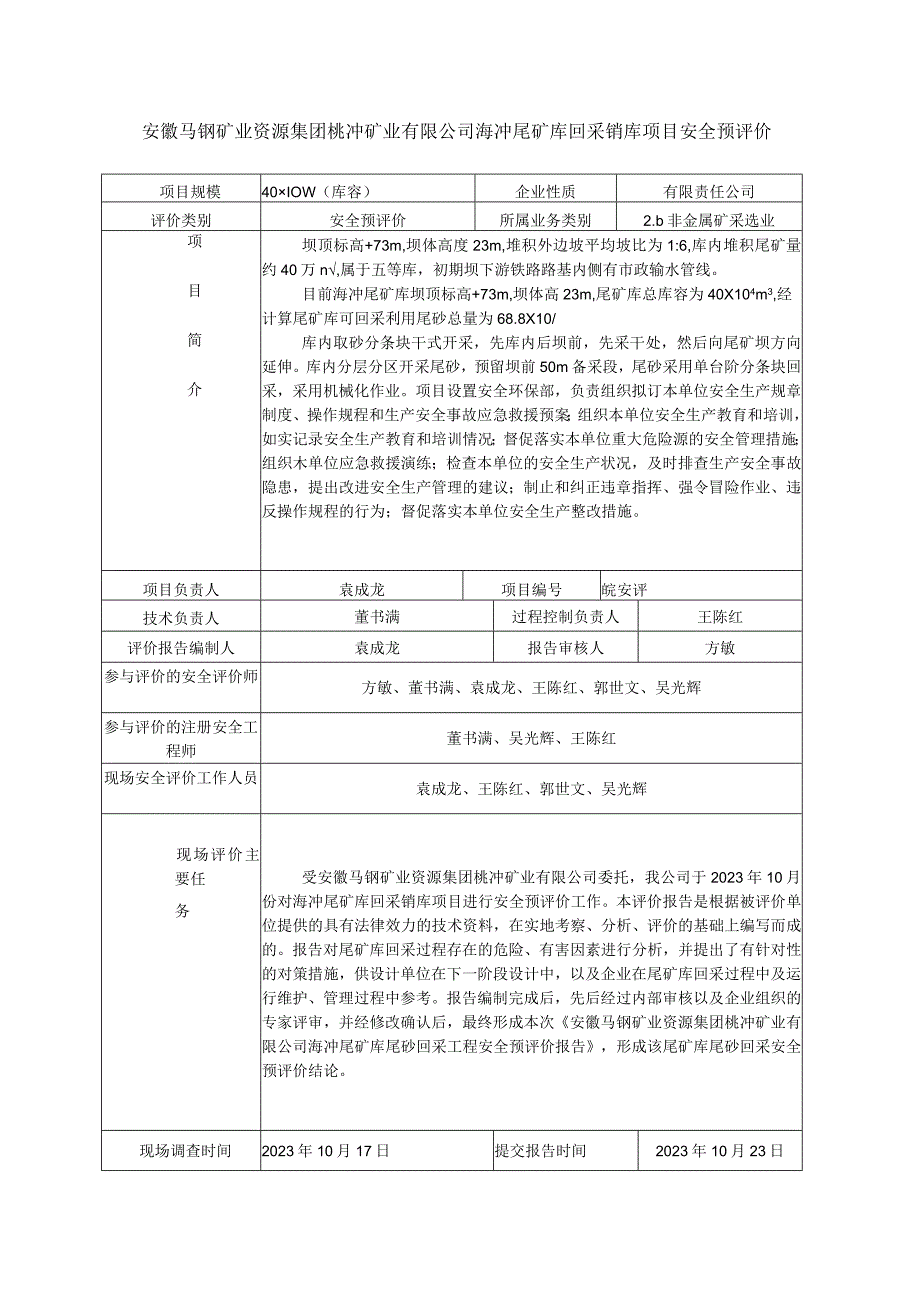 有限责任公司安徽马钢矿业资源集团桃冲矿业有限公司海冲尾矿库回采销库项目安全预评价.docx_第1页