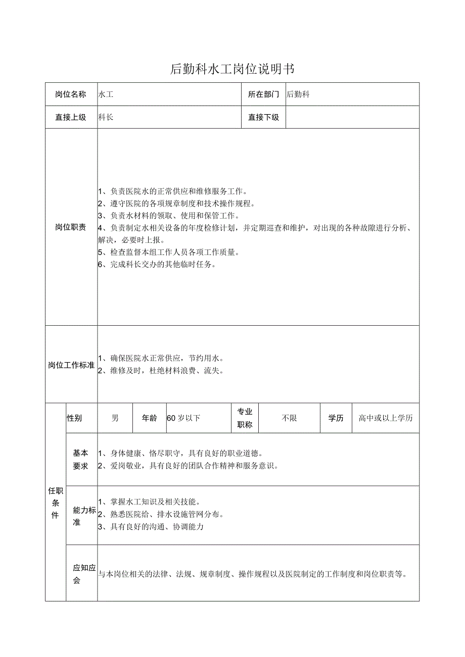 后勤科水工岗位说明书.docx_第1页