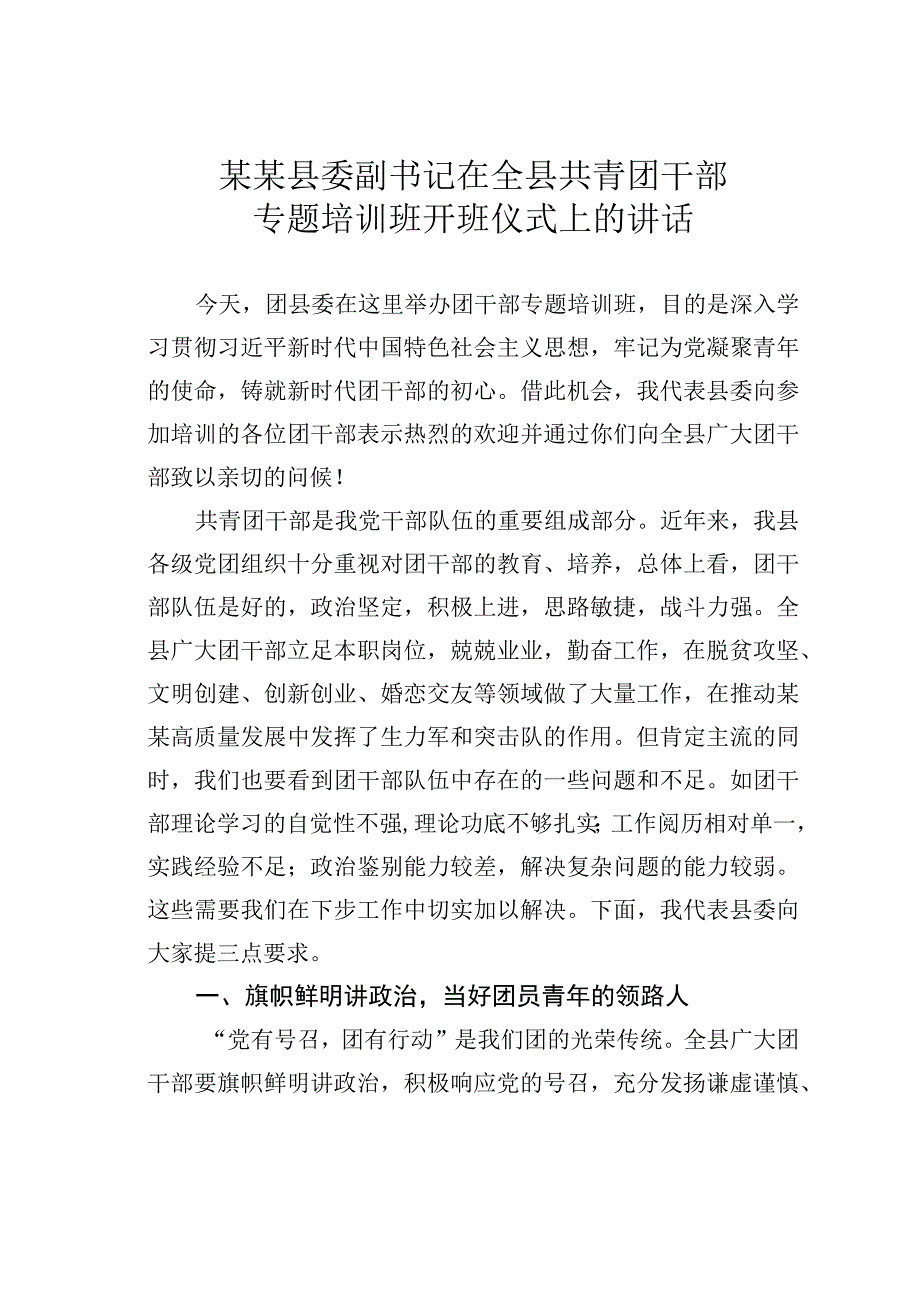 某某县委副书记在全县共青团干部专题培训班开班仪式上的讲话.docx_第1页