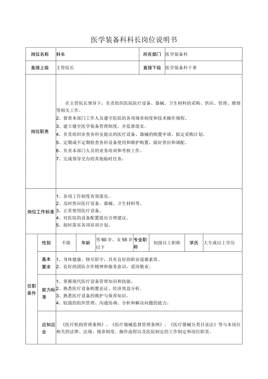 医学装备科科长岗位说明书.docx_第1页