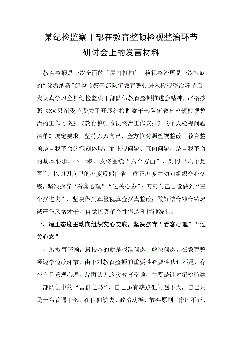 某纪检监察干部在教育整顿检视整治环节研讨会上的发言材料.docx_第1页