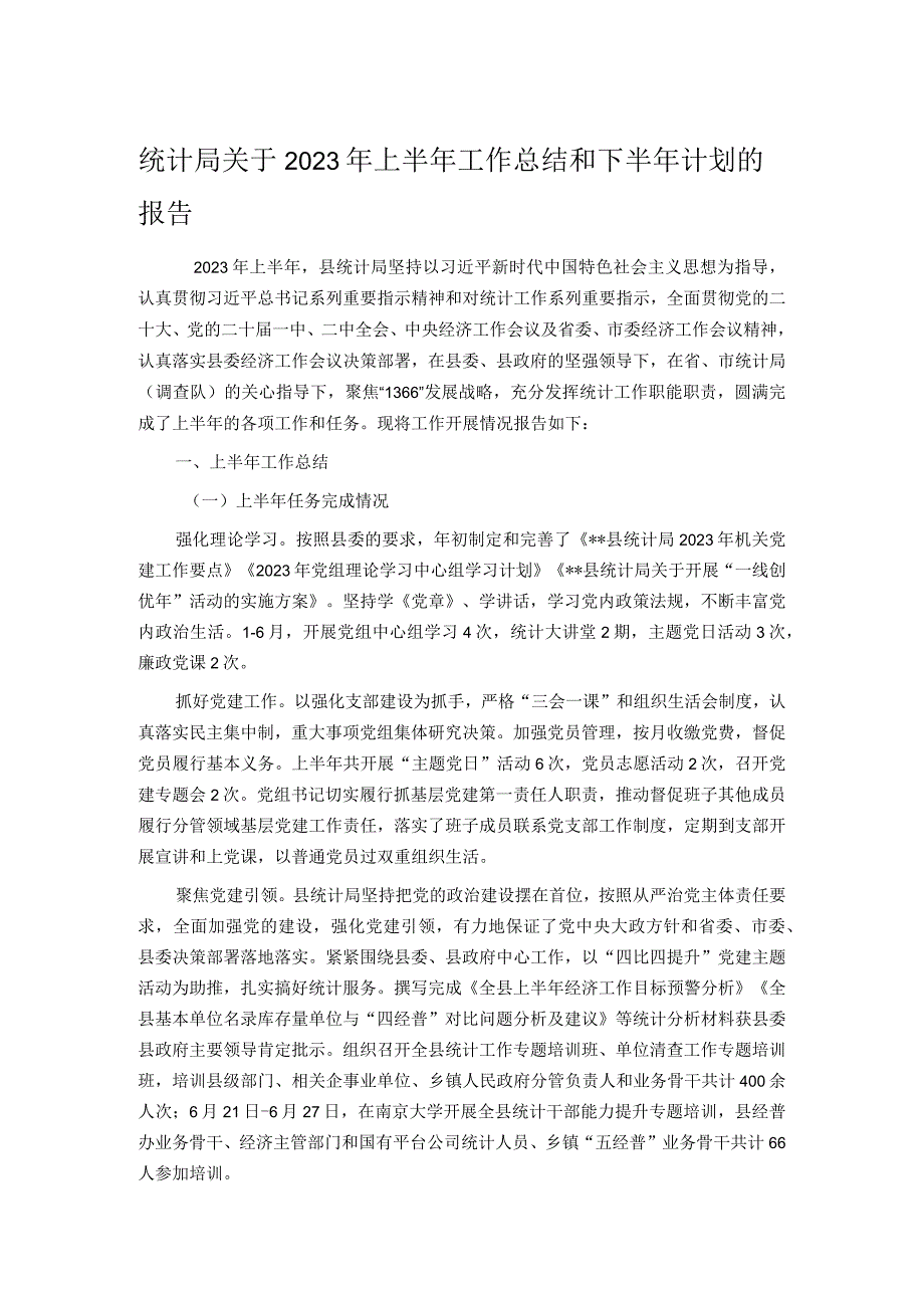 统计局关于2023年上半年工作总结和下半年计划的报告.docx_第1页