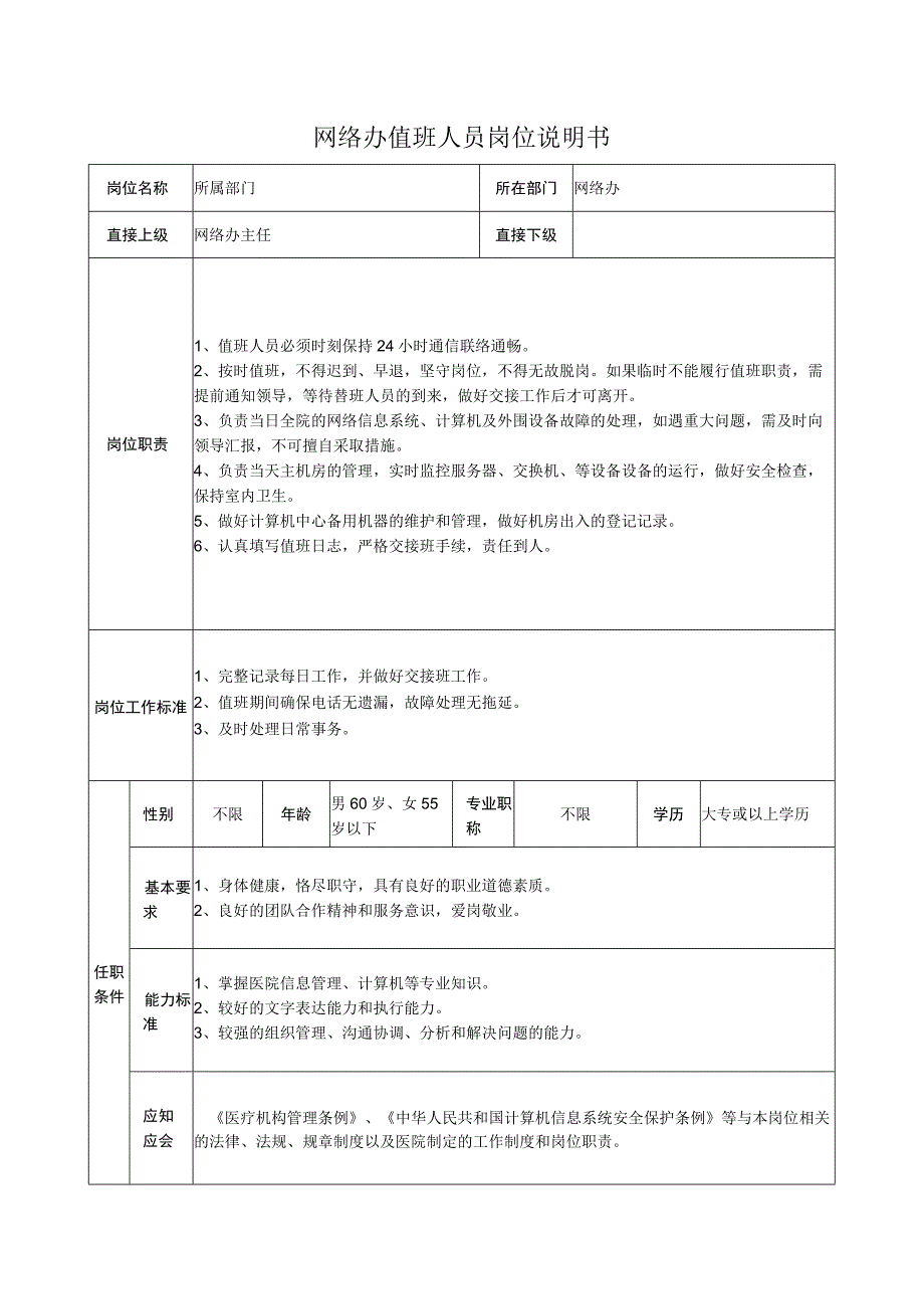 网络办值班人员岗位说明书.docx_第1页