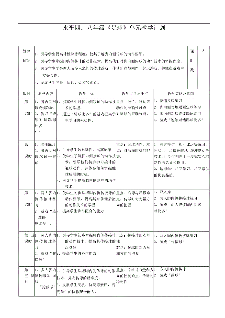 水平四（八年级）体育《足球：脚内侧传球 、抢截球》教学设计及教案（附单元教学计划）.docx_第1页