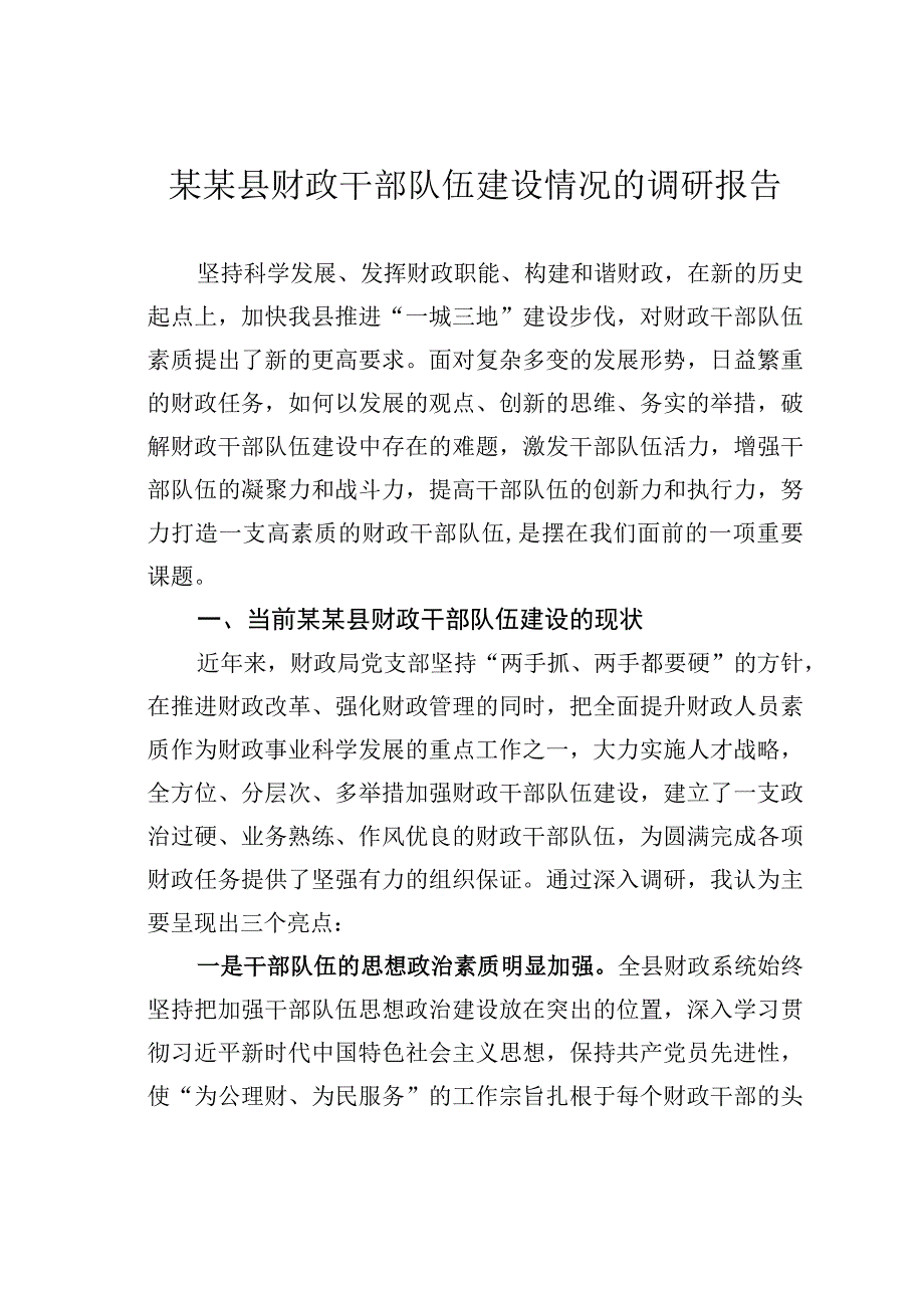 某某县财政干部队伍建设情况的调研报告.docx_第1页