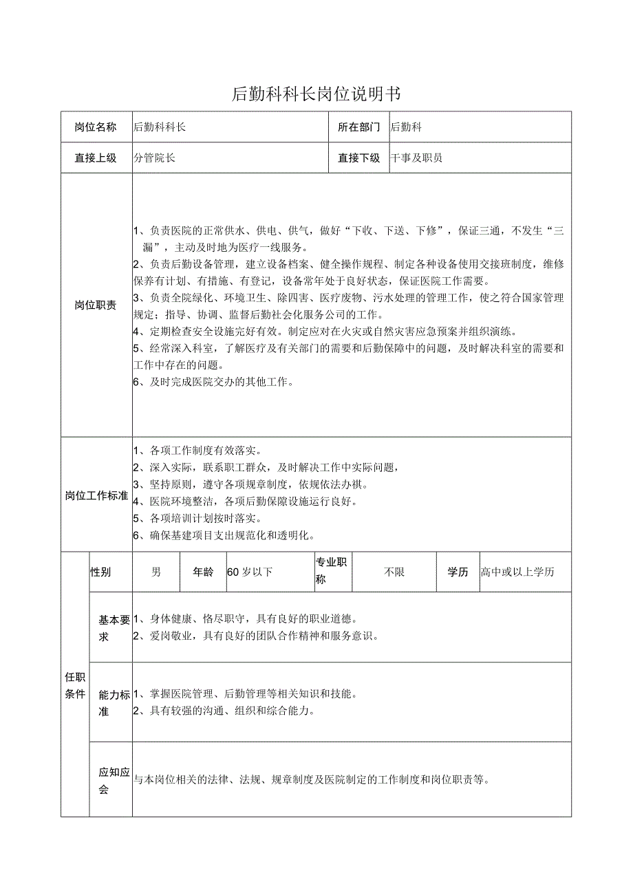 后勤科科长岗位说明书.docx_第1页