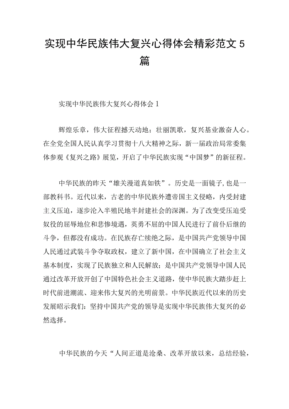 实现中华民族伟大复兴心得体会精彩范文5篇.docx_第1页