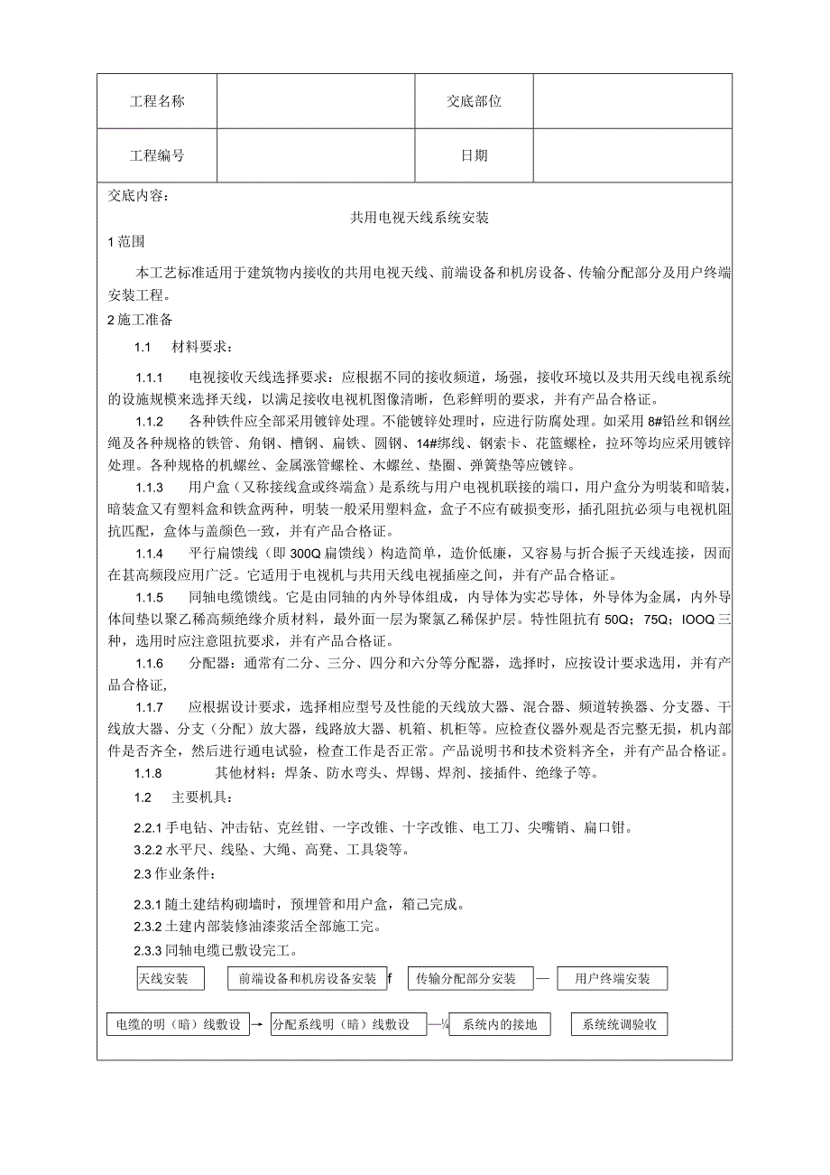 共用电视天线系统安装工艺技术交底.docx_第1页