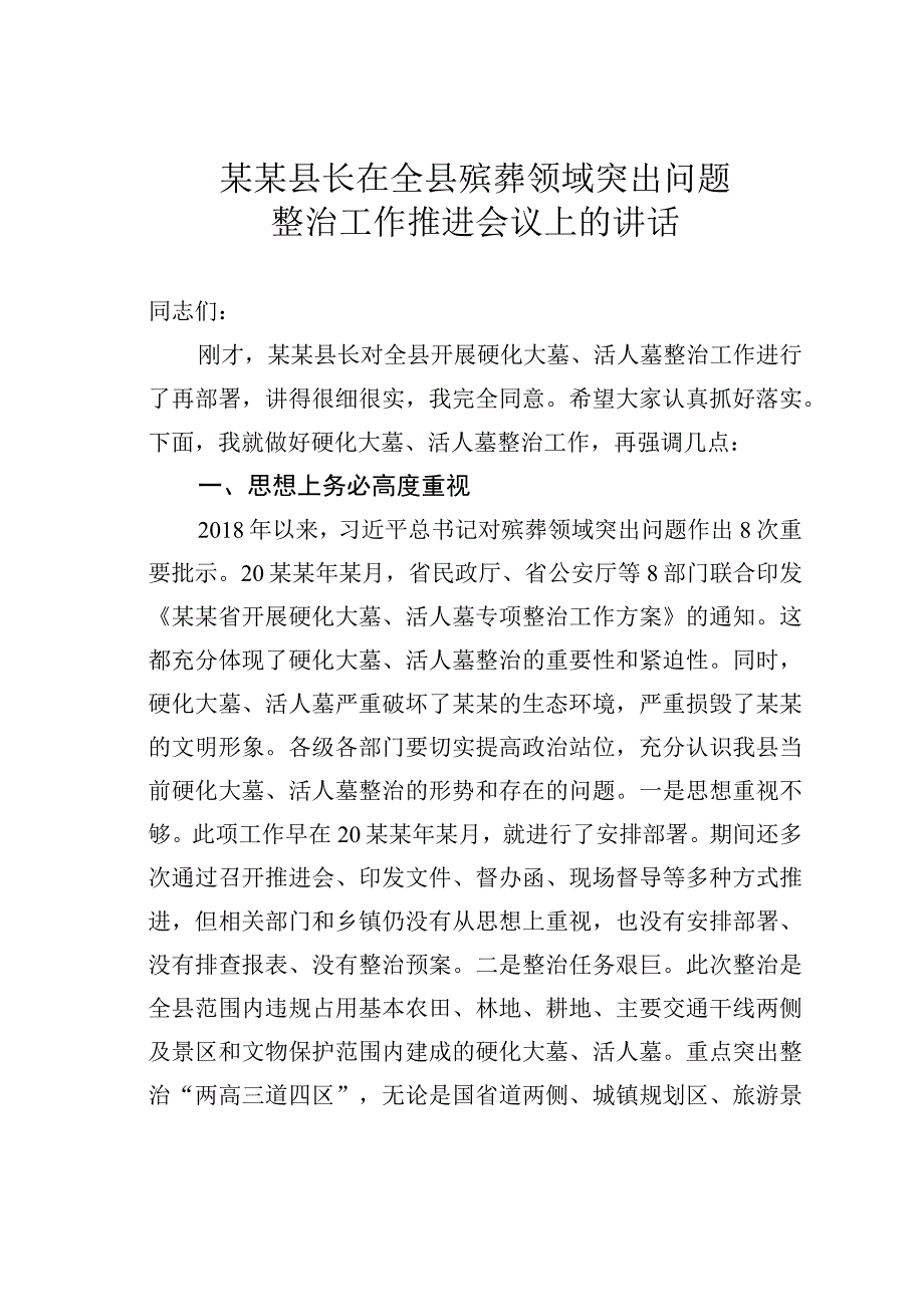 某某县长在全县殡葬领域突出问题整治工作推进会议上的讲话.docx_第1页