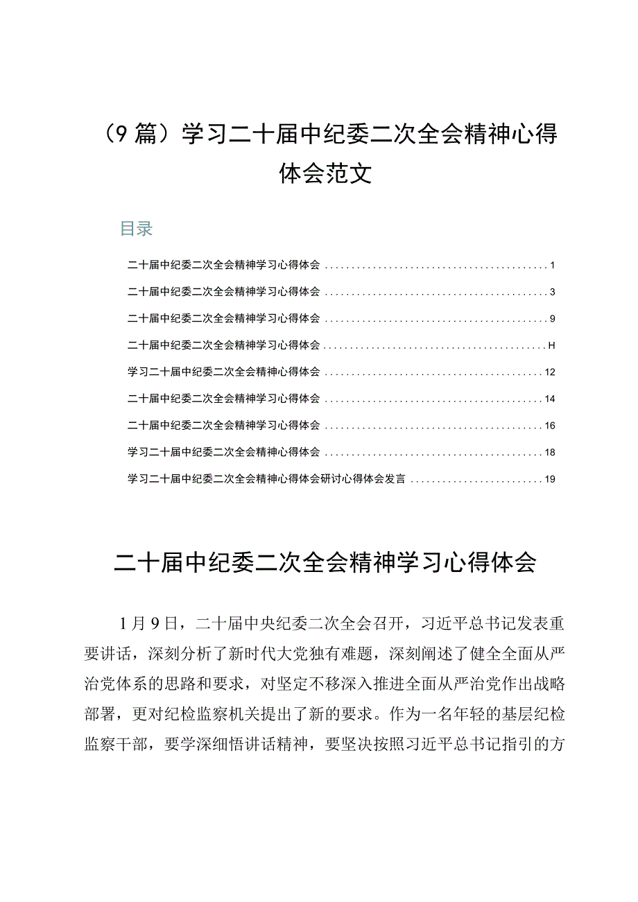 （9篇）学习二十届中纪委二次全会精神心得体会范文.docx_第1页