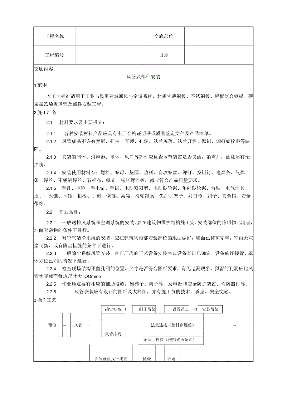 风管及部件安装工艺技术交底.docx_第1页