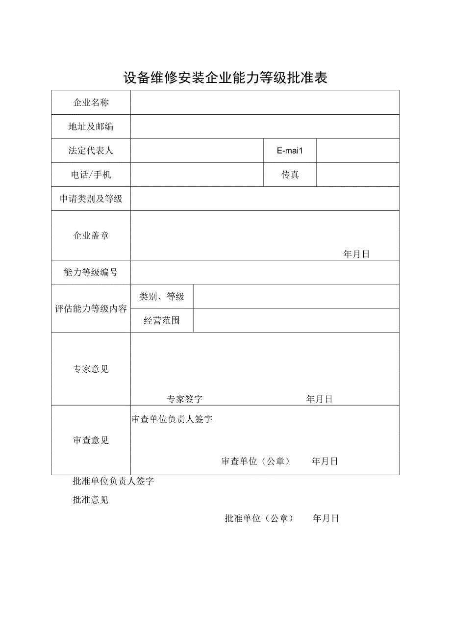 设备维修安装企业能力等级批准表.docx_第1页