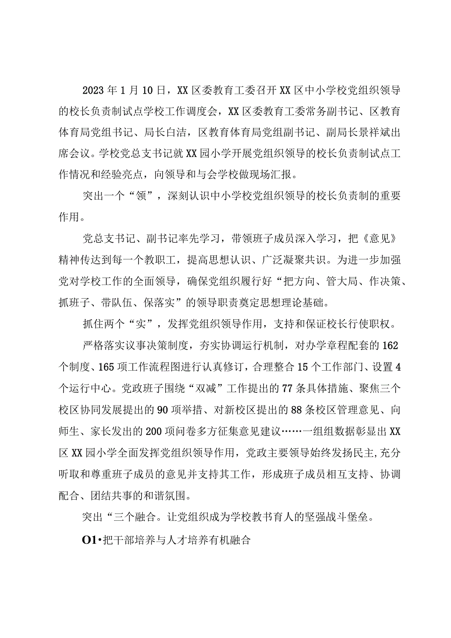 （9篇）推进建立中小学校党组织领导的校长负责制情况总结经验总结.docx_第2页