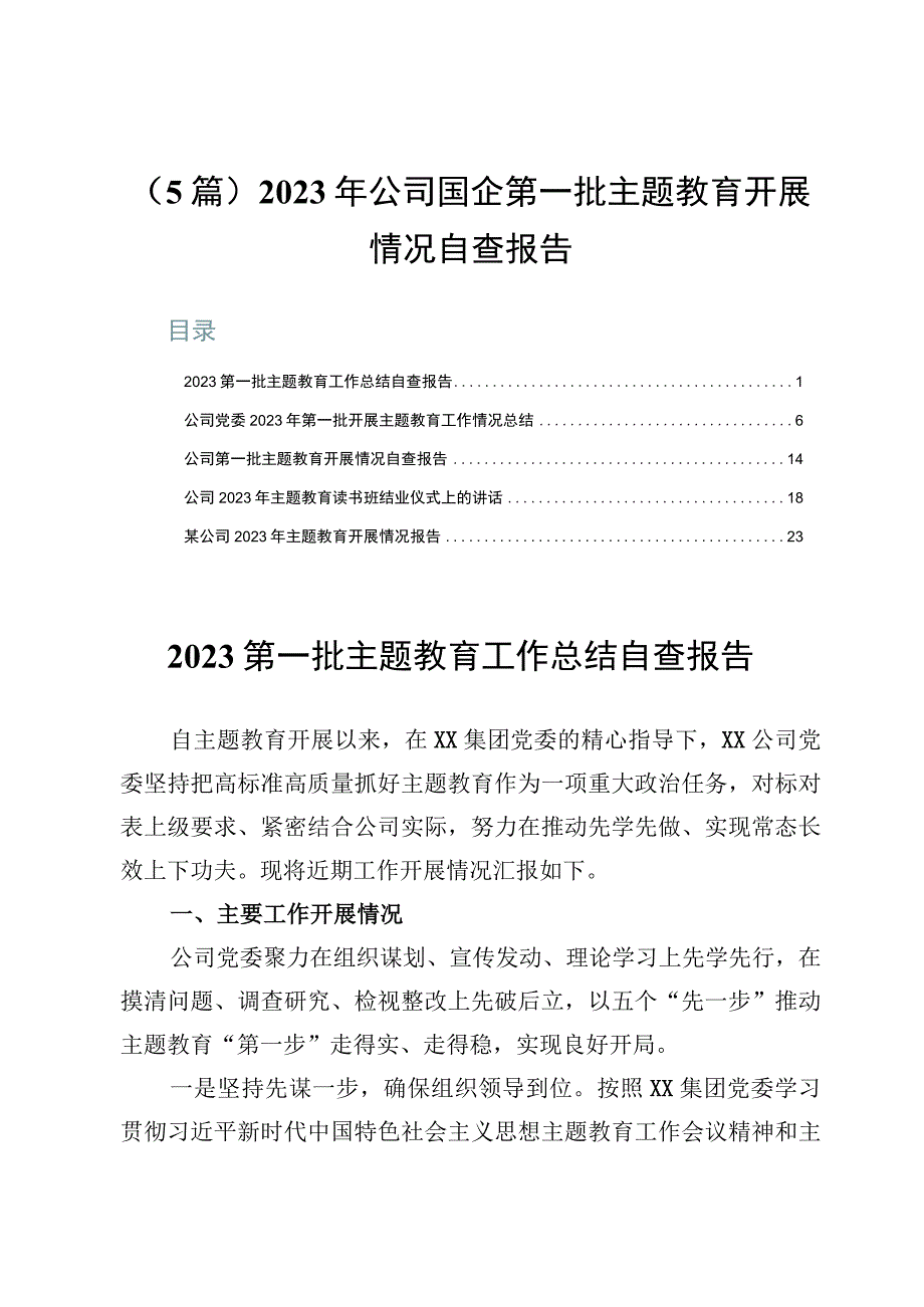 （5篇）2023年公司国企第一批主题教育开展情况自查报告.docx_第1页