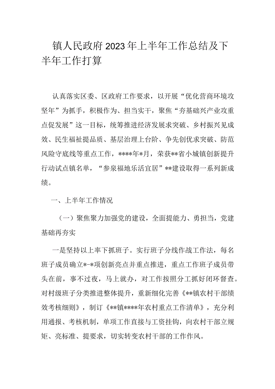 镇人民政府2023年上半年工作总结及下半年工作打算.docx_第1页